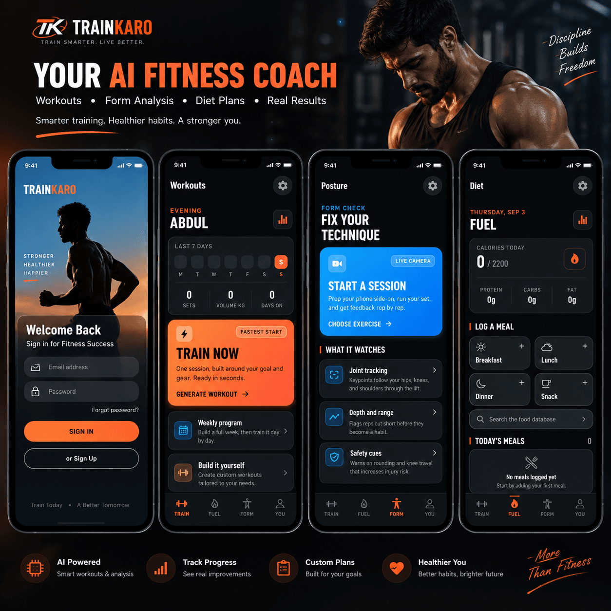 TrainKaro — AI fitness app — workouts, form analysis, diet, and trainer portal